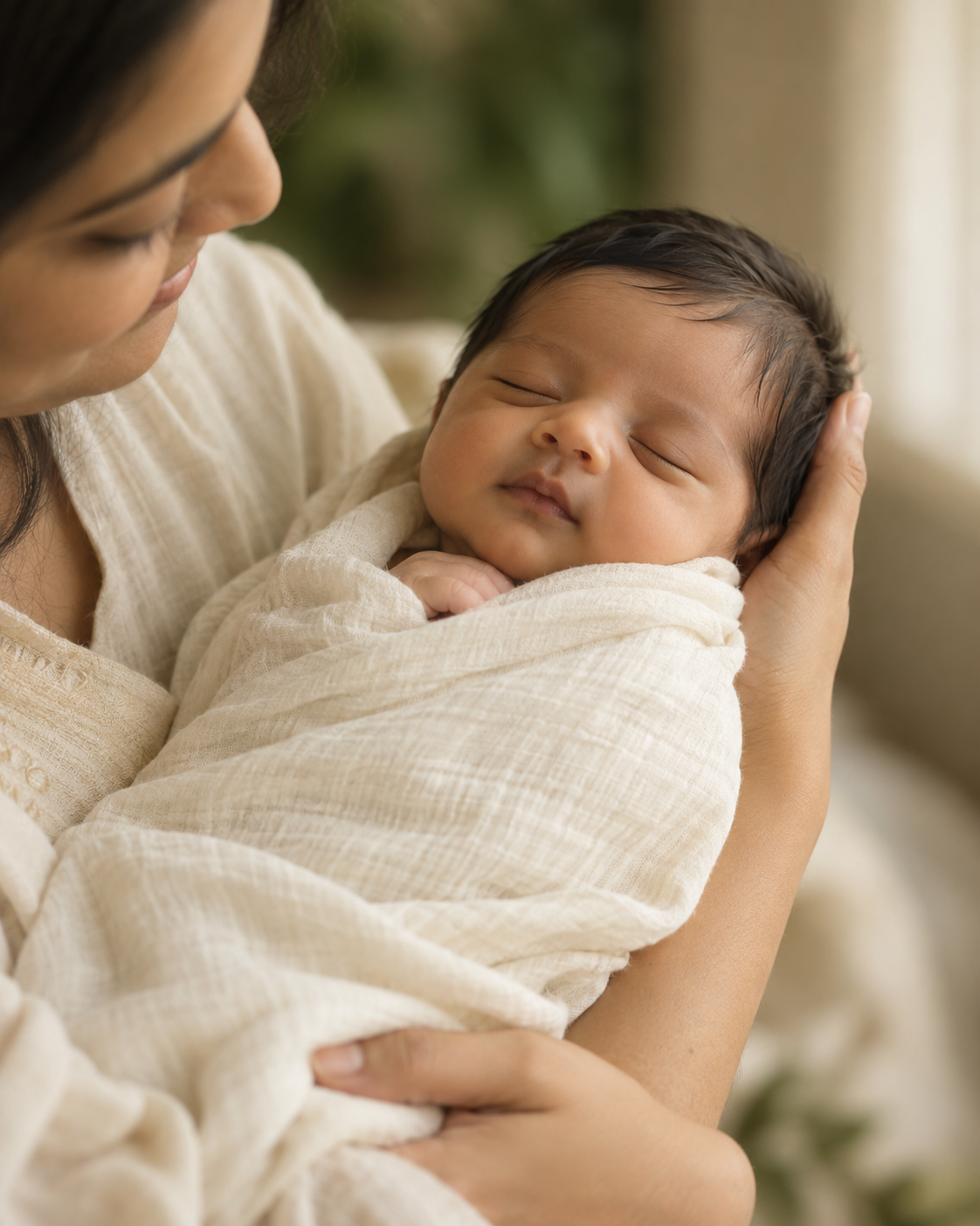 A sleeping newborn wrapped in ivory muslin, tenderly cradled by a parent